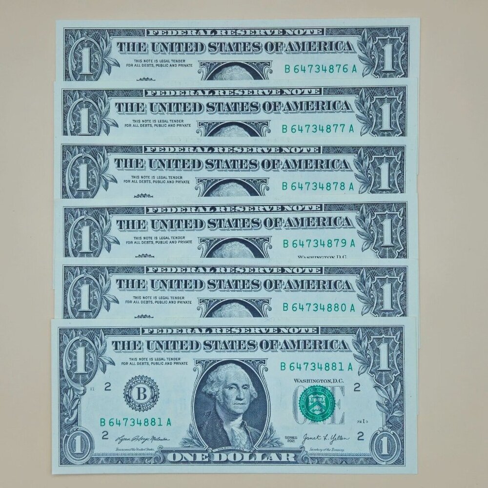 6 One Dollar Bills Uncirculated Sequential (W/ SLEEVES) - Series 2021 (B196)